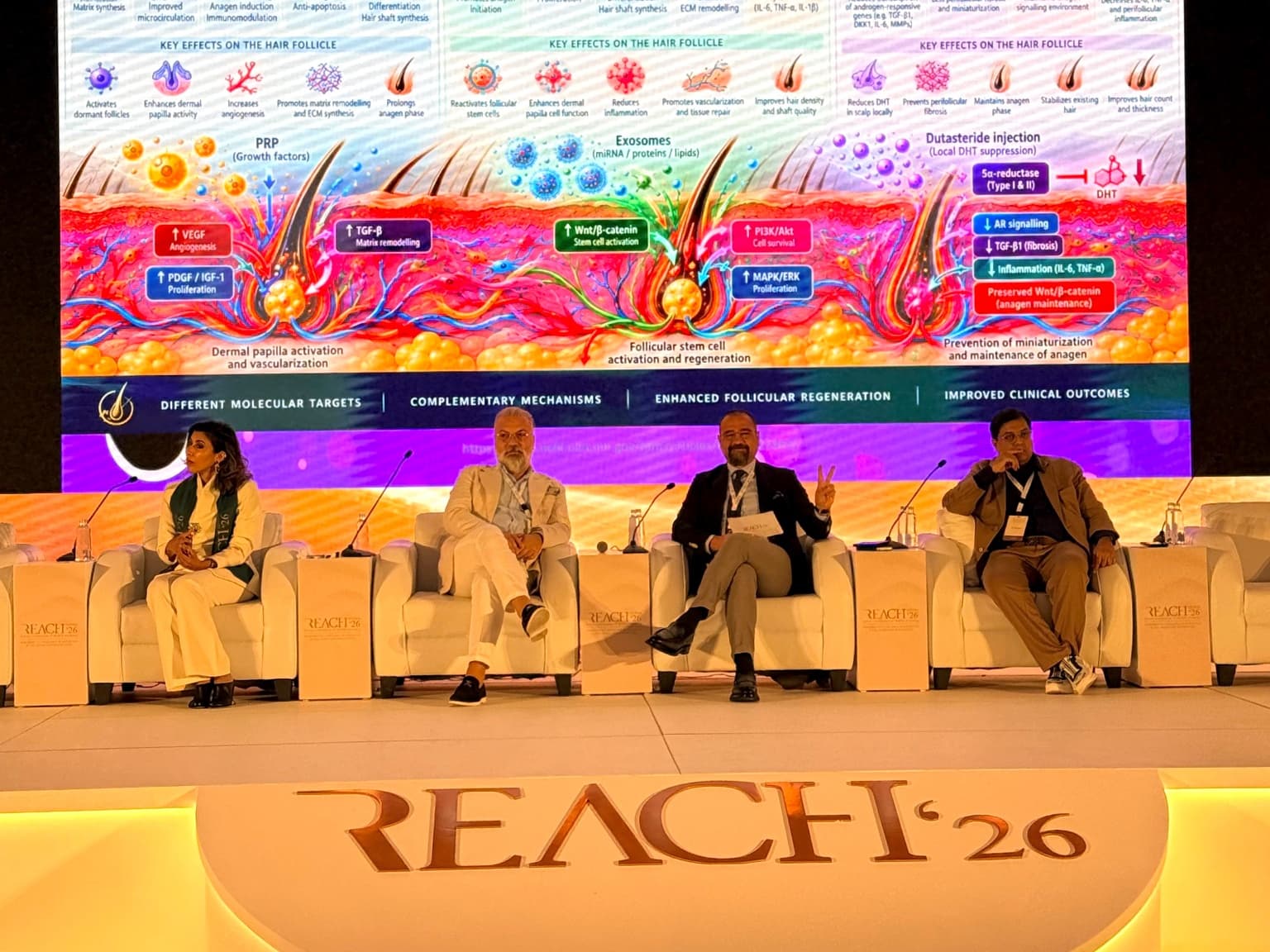 Scientific panel at REACH 2026 featuring a presentation on hair follicles and modern hair loss treatments.